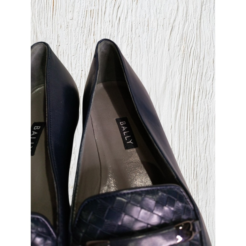 Bally Navy Blue Woven Leather Loafers Style Flex Square Toe Block Heel Shoes 5.5 - Picture 4 of 5